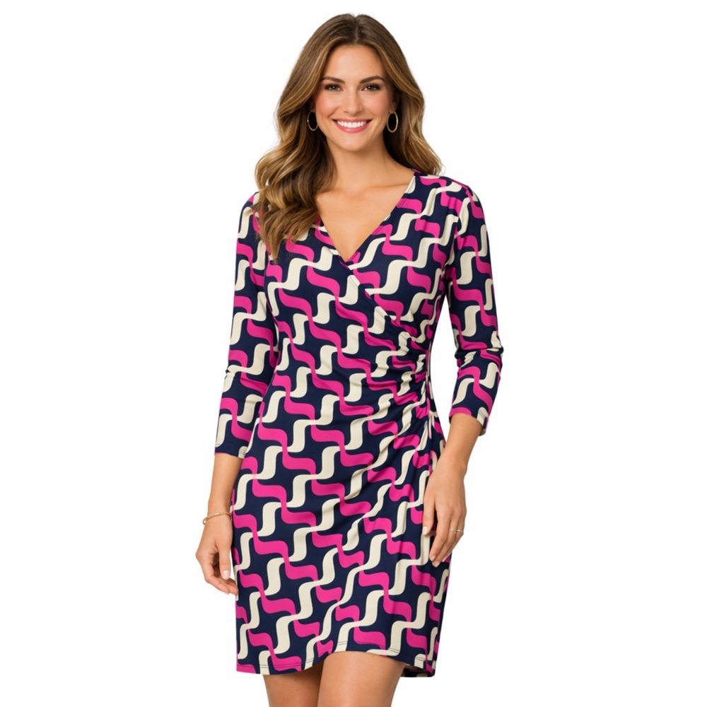 Jude Connally Geometric Print Stretch Dress Pink Navy Cream Sz M